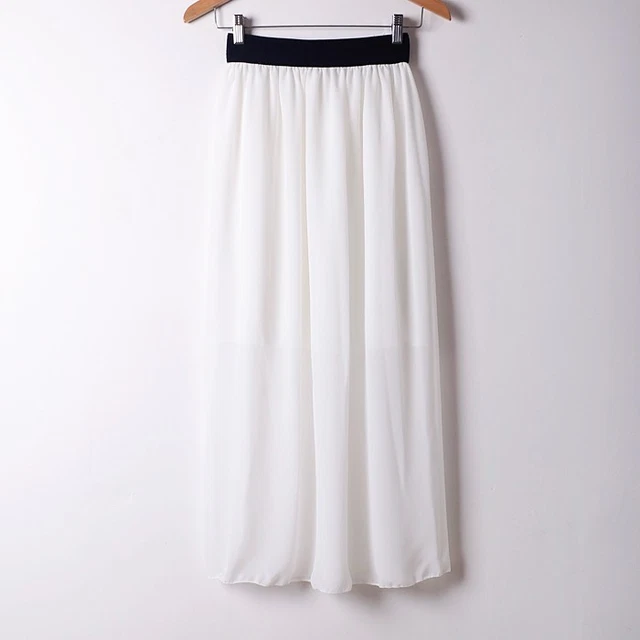 Bianco Chiffon Donna Doppio Strato Plissettato Rétro Abito Lungo a Vita Bambina