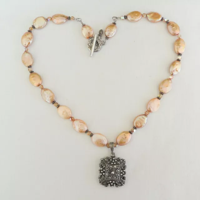 VTG Sterling Silver Peach Pearl Marcasite Faceted Beads Pendant Necklace Classic