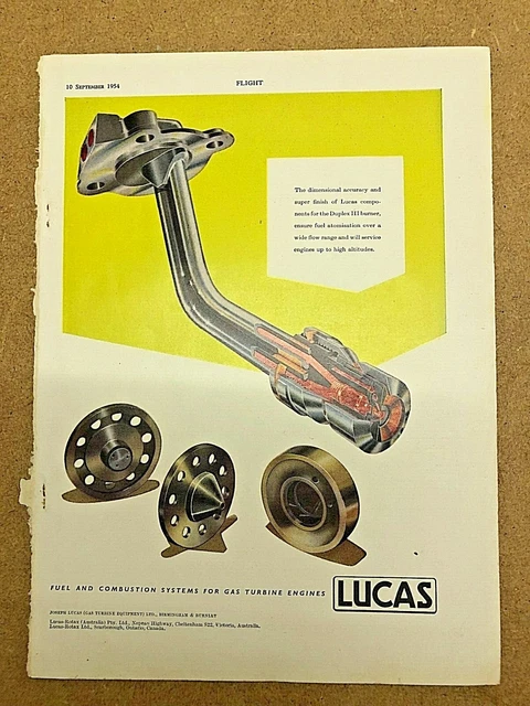 1954 Aircraft Advert LUCAS FUEL COMBUSTION SYSTEM GAS TURBINE ENGINE DUPLEX III