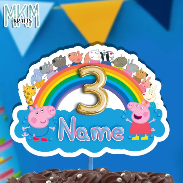 Peppa Pig & Friends RAINBOW Card Birthday Cake Topper PERSONALISED NAME AND AGE