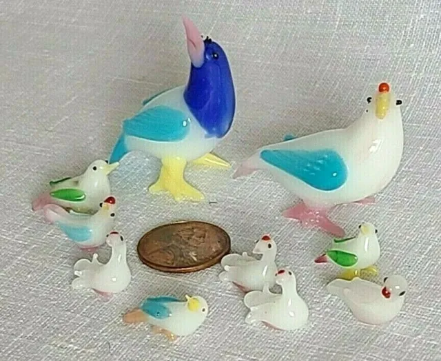 Vintage glass miniature tropical bird family set of 10 micro mini figurine lot B