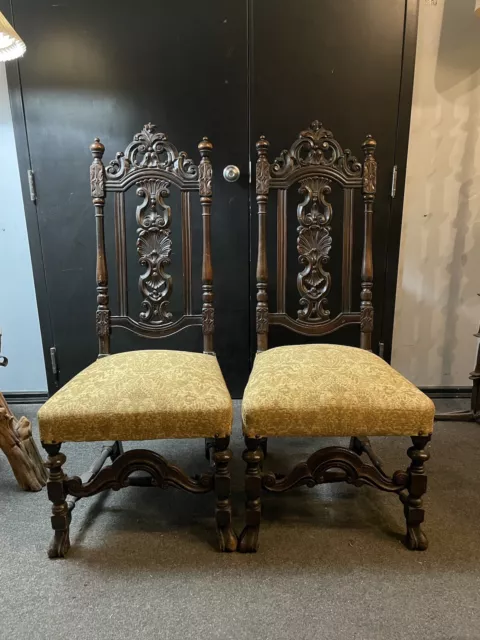 Pair of Antique Hand Carved Upholstered Walnut English Side Dining Chairs