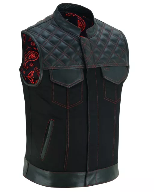 Men's Club Biker Waistcoat Style Black Denim with Red Diamond Stitching Cut Off