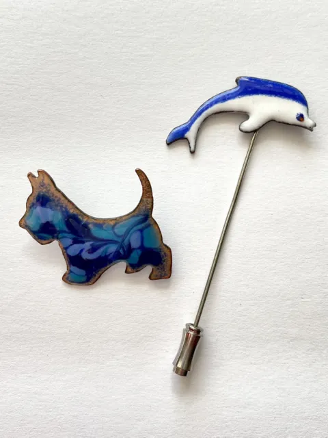 Pair(2) of Vintage Enameled Copper Brooch Pin Scottie Dog Terrier & Dolphin