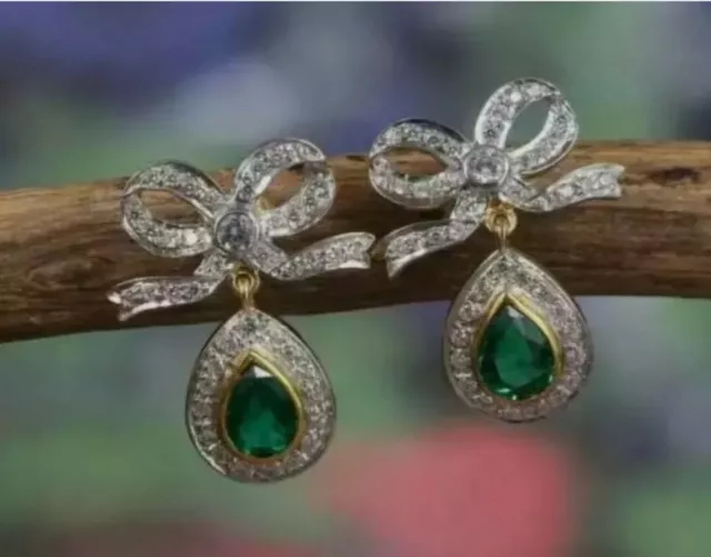 4Ct Pear Cut Green Sim Emerald C-Diamond Drop Dangle Earring's 14k Gold On S925