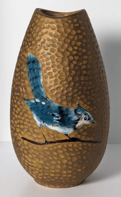Unique Textured Golden Bird Vase Blue Jay Wren Handmade Pottery Nature Lovers