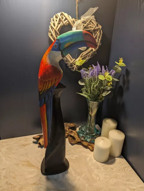 50cm Tall Hand Crafted Painted Wooden Toucan On Black Wood Base