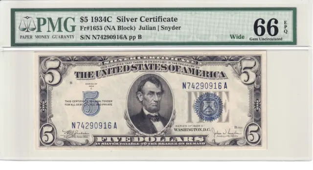 1934-C $5 Silver Certificate Wide Face NA Block PCGS 66PPQ #N74290916A