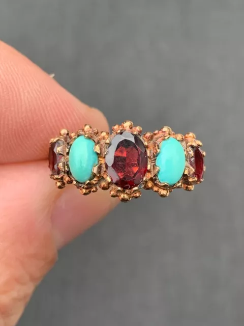 9ct gold garnet & turquoise five stone ring, Victorian style 9k 375