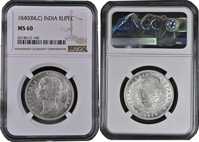 EIC Victoria Queen 1840 AD (B&C) DL 28 Berry Silver Rupee NGC Graded MS 60