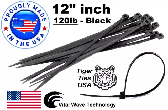 20X Black 12" inch Wire Cable Zip Ties Nylon Tie Wraps 120lb USA Made Tiger Ties