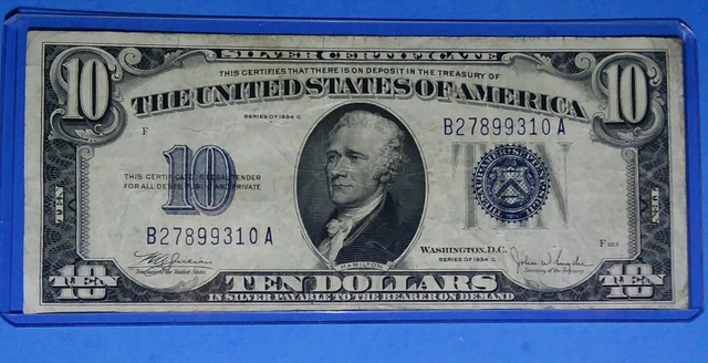1934 C $10 Silver Cert.! Blue Seal, Vf. Circ. Cond.! Old Us Currency! Nice !