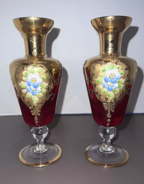 Two (2) Bohemian Czech RED Glass Bud VASES Hand Painted Flowers Gold Accents