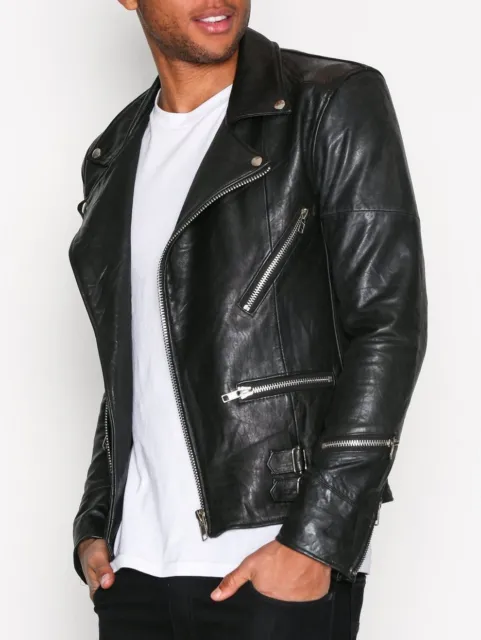 Black Leather Jacket Men Biker Pure Lambskin Size XS S M L XL XXL Custom Made