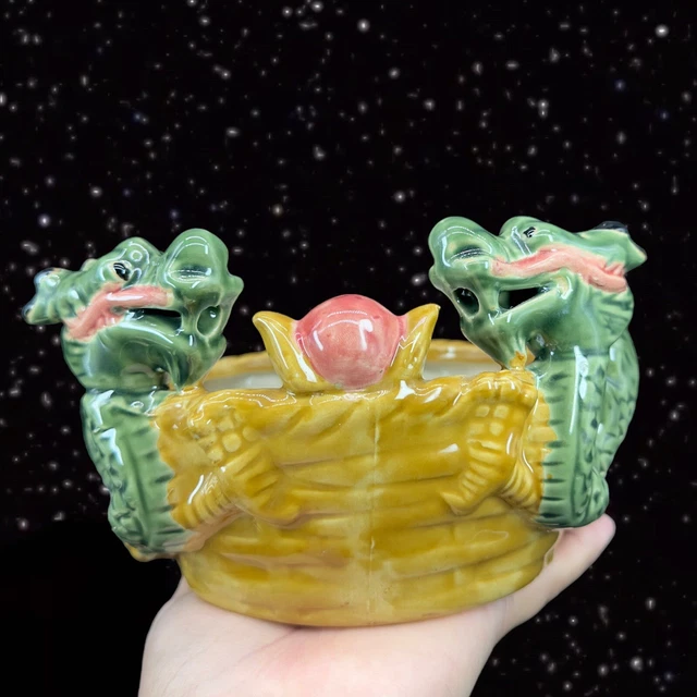 Ceramic Majolica Style Pottery Planter Pot Glazed Lucky Dragon Set Vintage 7”W