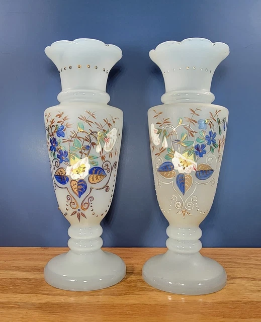 ANTIQUE PAIR BRISTOL Vases, Hand Painted Opaline Glass White Blue w