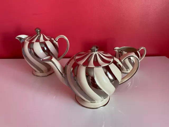 Sadler 1540 Cream & Silver Swirl Teapot, Hot Water Pot & Milk Jug