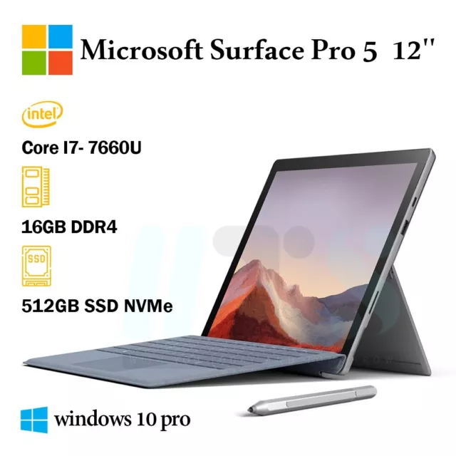 Microsoft Surface Pro 5 Core i7-7660U, 512GB SSD, 16GB + Clavier QWERTY + Stylet