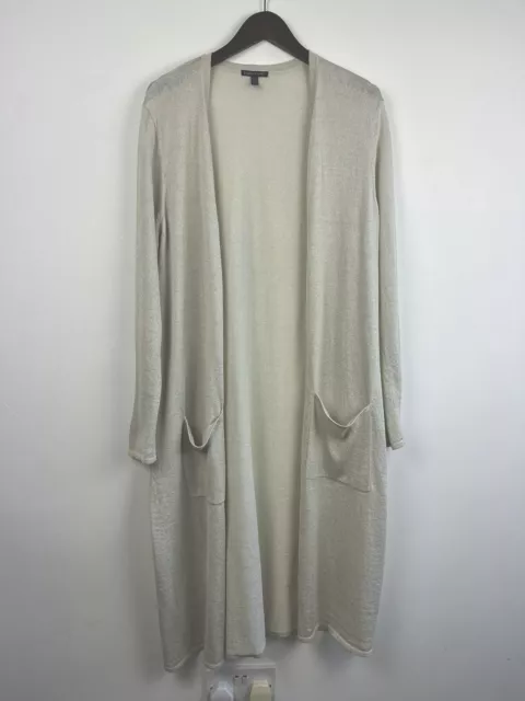 Eileen Fisher cremefarbene offene Leinenmischung lange Strickjacke groß beige