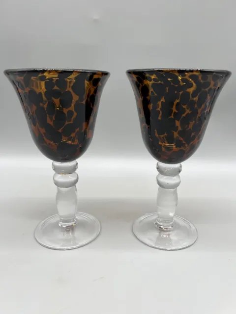 Pair Vintage Tortoise Shell Hand Blown Amber Speckled Wine Glasses Water Goblets
