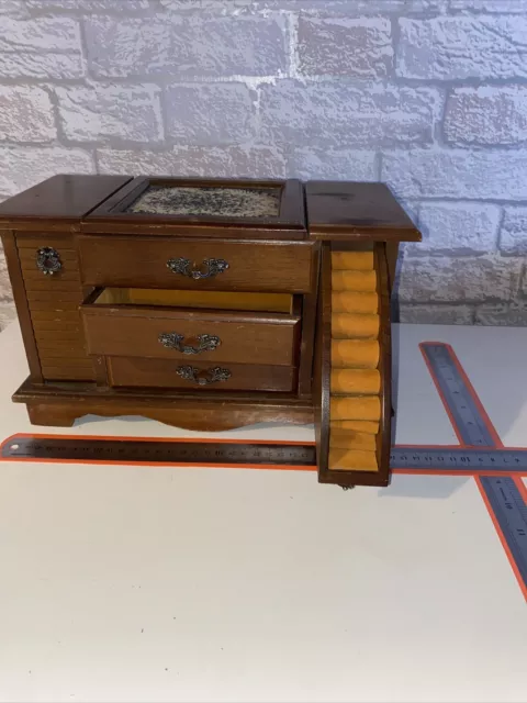 Vintage Pretty 💕Wooden Jewellery Box 2 Drawer Large Very Solid Heavy Good Wood