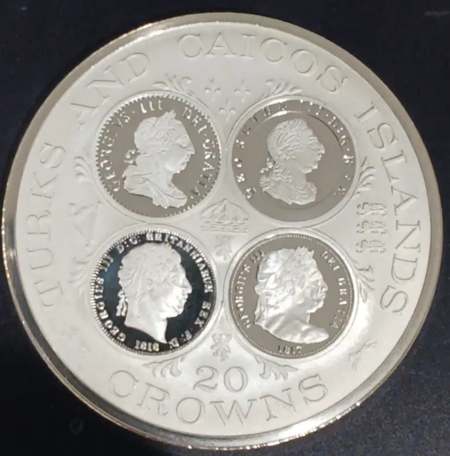 1977 Turks And Caicos 20 Crowns 4 George Ill Cameos. Proof RARE Silver Coin.