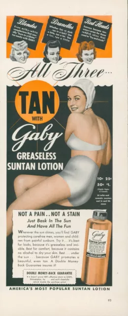 1942 Gaby Greaseless Suntan Lotion Tanned Woman Bikini Swim Cap Vtg Print Ad L24