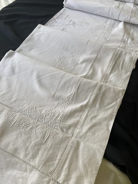 Drap Ancien Fil Brodé Main Fleurs Roses Monogramme CP 210x300 Blanc