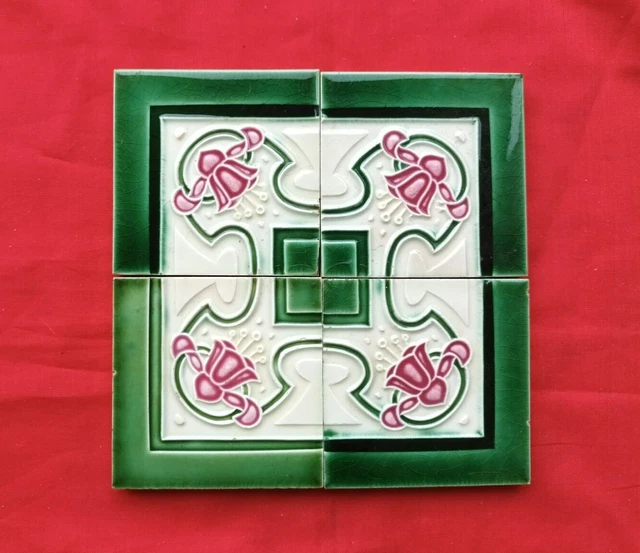 4 Piece Puzzle Design Set Old Art Majolica Ceramic Small Tiles Japan 0210