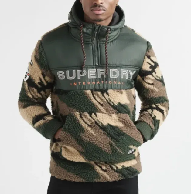 Superdry Man’s Sherpa Worldwide stealth half Zip hoodie jacket / jumper camo L