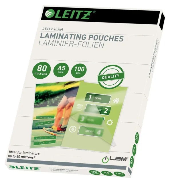 Leitz iLAM A5 Glossy Laminating Pouches, 80 microns, Pack of 100 Clear a5 2x80