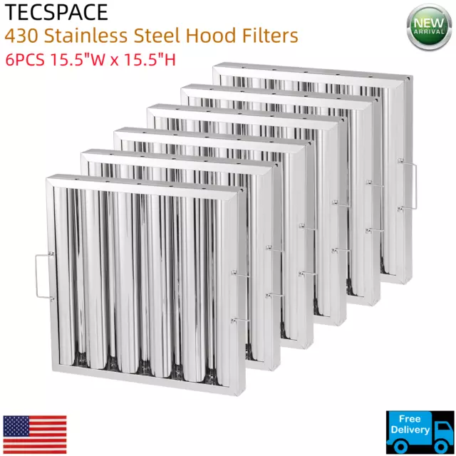 TECSPACE 6PCS 15.5"W x 15.5"H 430 Stainless Steel Hood Filters for Restaurant