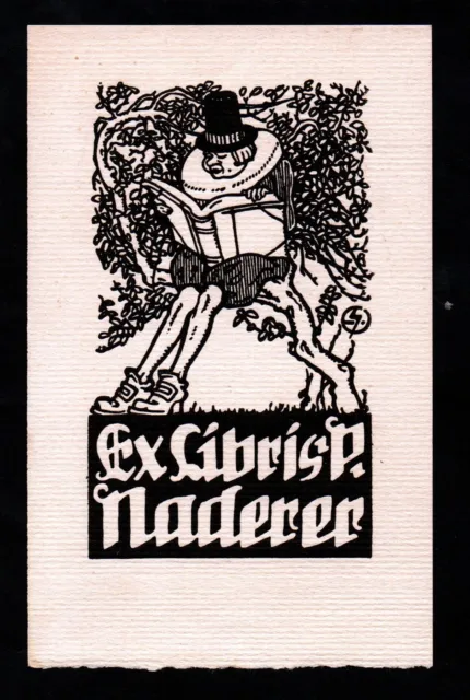 Exlibris P. Naderer Jugendstil lesender Mann Hut signiert bookplate man reading