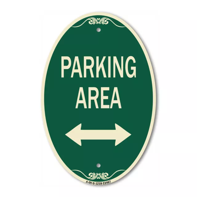 Parking Area with Bidirectional Arrow 12" x 18" Green & Tan Aluminum Oval Sign