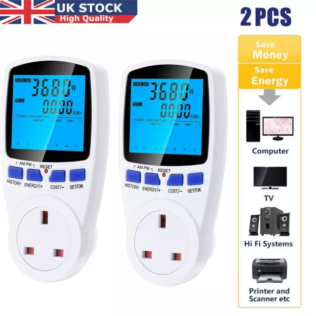 2Pcs UK Plug Power Consumption kWh Watt Volt Amp Measure Electric Usage Meter