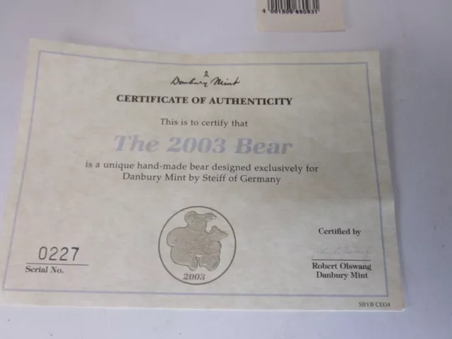 Steiff Teddy Bear 660931 made Exclusively for Danbury Mint 2003 Collectable 2