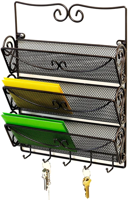 JJY Wall Mount 3 Tier Letter Rack Organizer w/ Key Holder, Bronze
