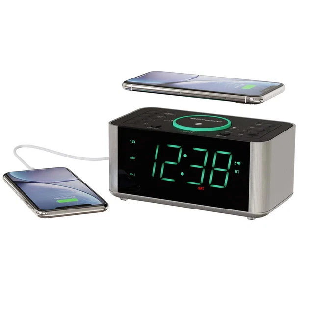 Emerson Alarm Clock Radio and Wireless Charger with Bluetooth,