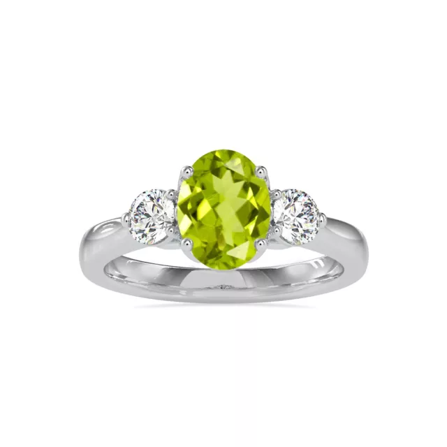 Peridot Oval And Diamond Three Stone Solitaire Engagement Ring In 14K White Gold