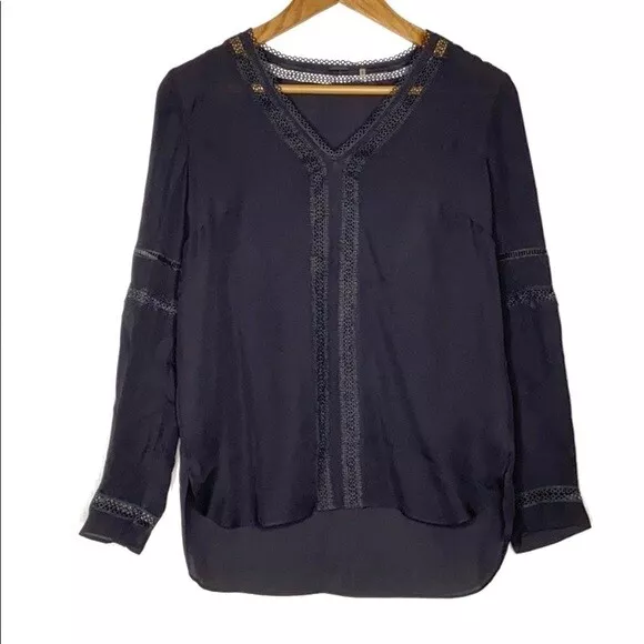 Elie Tahari Silk Lace Trim Pullover Long Sleeves Collarless Tunic Top Womens XS