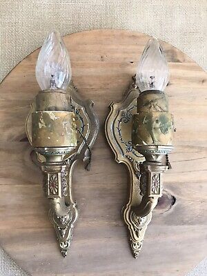 Antique Riddle Co. Victorian Floral Gold Green Wall Sconce Light Pair Art Deco