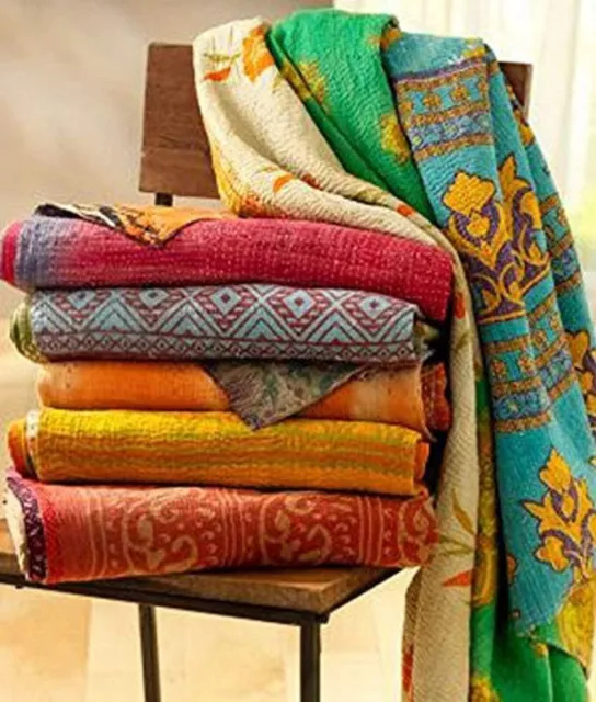 10 Piece Mix Lot of Indian Kantha Quilts Cotton Bed Cover Throw Old Sari Blanket