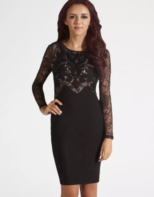 Black Sequin Bodycon Dress 10 Long Sleeve Wiggle Lace Evening Occasion Party UK