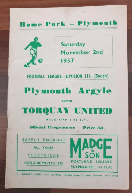 Plymouth Argyle v Torquay United 2nd November 1957 Division 3 South