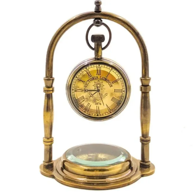 Handicraft Table Clock | Desk Clock with Maritime Vintage Brass Compass  Antique