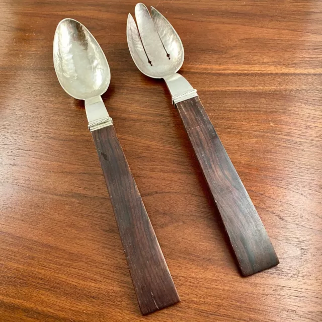HUGE RAFAEL MELENDEZ TAXCO MEXICO STERLING SILVER / WOOD SALAD SERVING SET 1930s