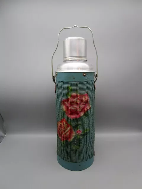 Ancien Grand Thermos en étui Osier décoré, Années 30/40