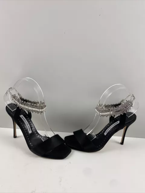 Manolo Blahnik Black Satin Open Toe Rhinestone Ankle Strap High Heels Women 37.5