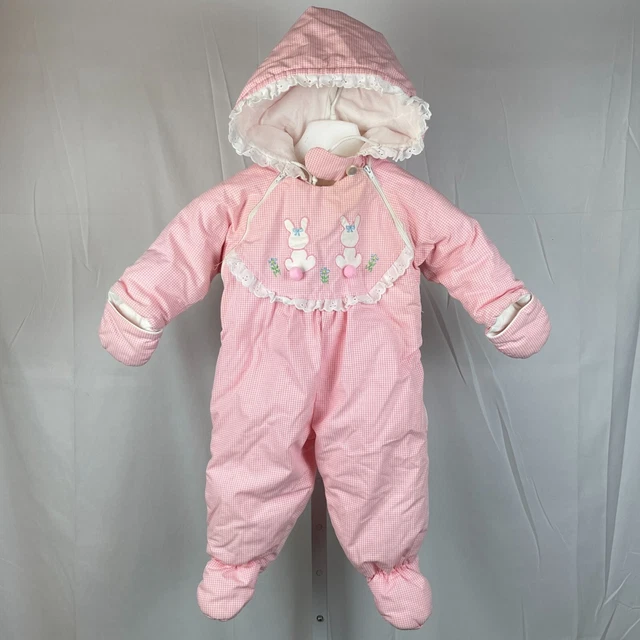 Baby Girl VTG Tiny Tots Original Pink Gingham Bunny Winter Bunting Suit 6-9 M