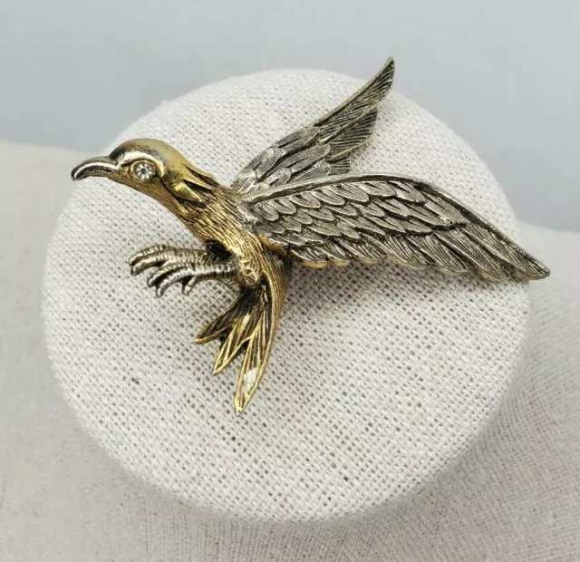 Vintage Bird Brooch Eagle Pin Signed Art Gold Silver Tone Articulated Flying